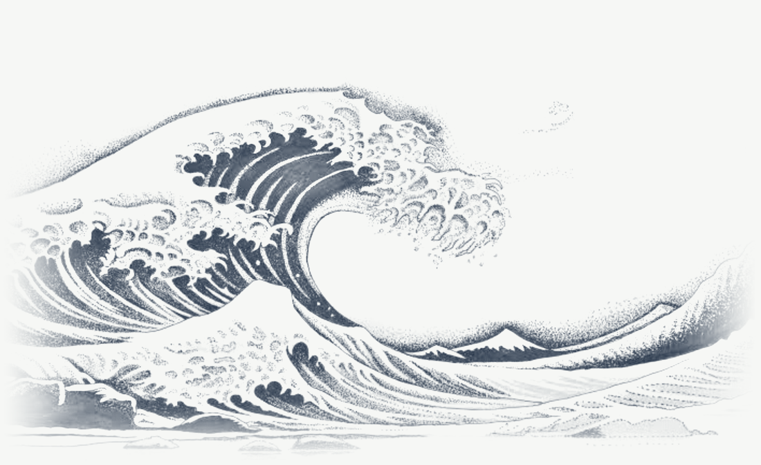 Stippled ink drawing of a great ocean wave with a distant mountain